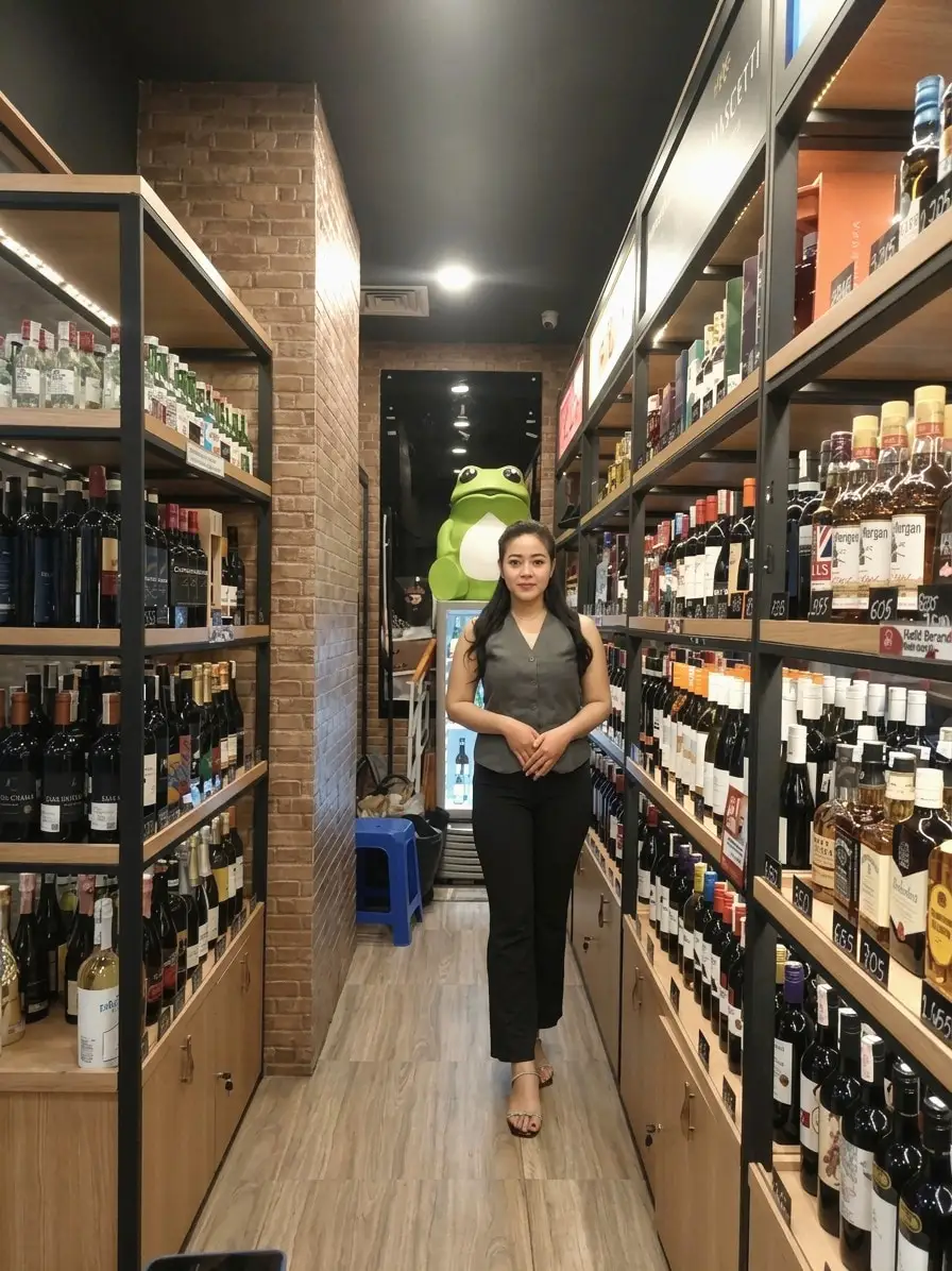 A promoter in a grey waistcoat standing in the aisle of a wine and spirits store
