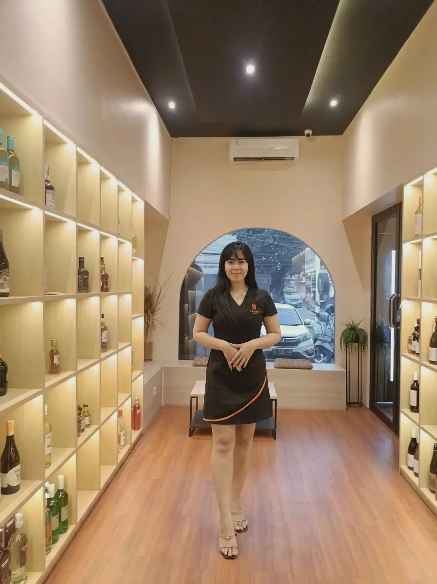 A brand promoter in a black uniform with orange trim standing in a wine store lined with lit shelves